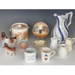 Sundry 19th Century and later ceramics including a Victorian biscuit barrel, cow creamers, a Royal