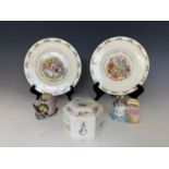 Beatrix Potter themed ceramics comprising Beswick Huncamunca, Royal Albert Mr Jackson, Wedgwood