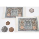 A British War Medal to 81561 Gnr G H Stott, RA, together with Weimar German banknotes, a Victorian