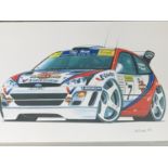 K W Davies Colin McRae Ford Focus rally car, giclee print, framed under glass, 28 cm x 42 cm