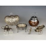 Electroplate including a 1920s tea caddy, South Asian novelty cruet set modelled as a rickshaw etc