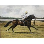 J Musgrave A dynamic horse racing study depicting the jockey Willie Carson on Troy, oil on board,