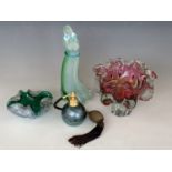 An Adrian Sankey lustre perfume atomizer, aventurine glass bowl, opaline glass dog etc