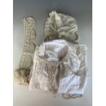 Vintage costume and textiles comprising a length of crochet / lace edging, a cotton night cap /