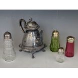 Four various pressed and cut glass casters together with a Victorian EPBM teapot