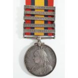 A Queen's South Africa medal with five clasps to 4812 Corpl W Wilcocks, Worcestershire Regt