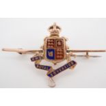 An enamelled yellow metal HMS Royal Sovereign sweetheart brooch, tested as 9ct gold, 48 mm, 4.7 g