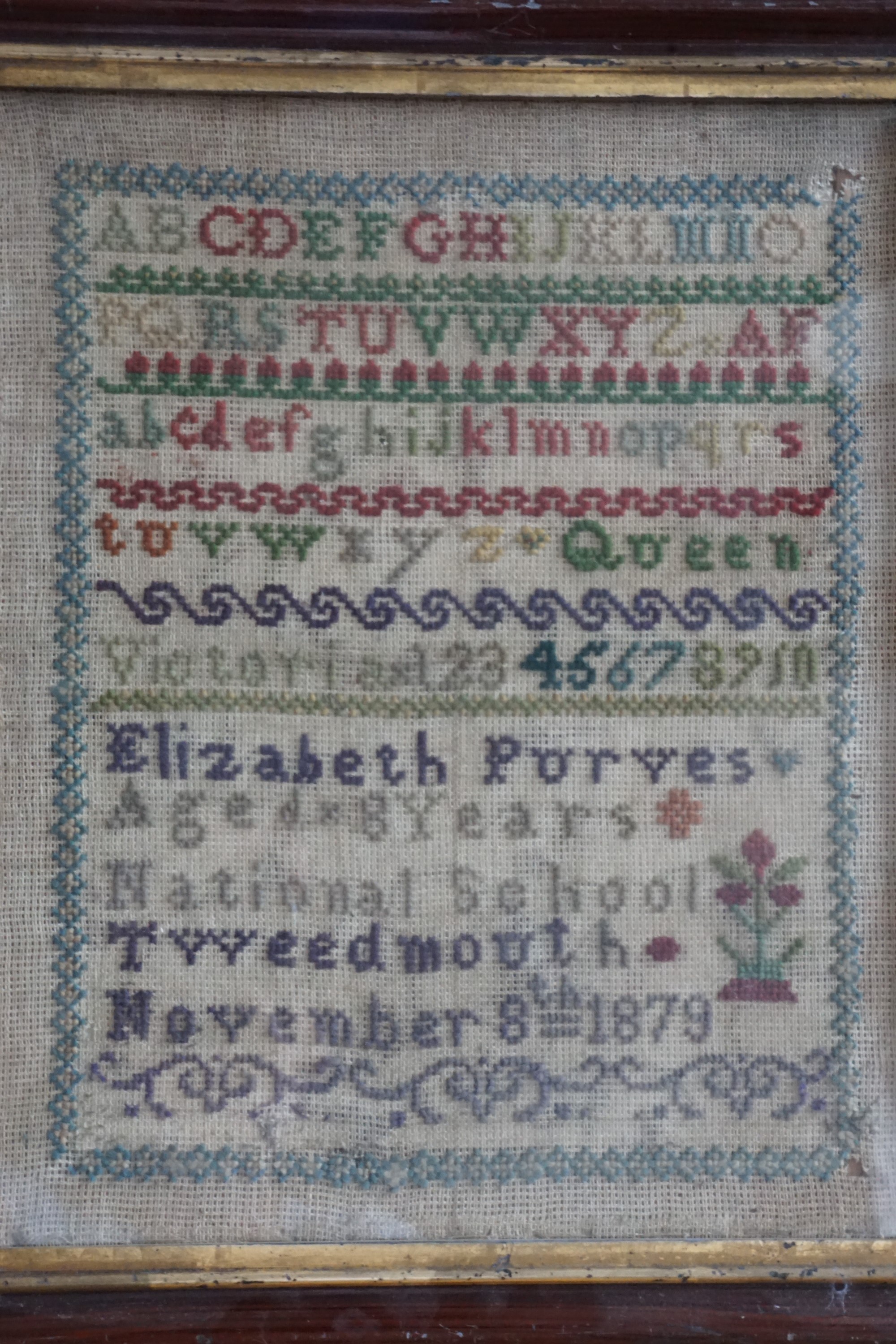 A Victorian alphabet sampler, the work of Elizabeth Purves, age 8, at the National School,