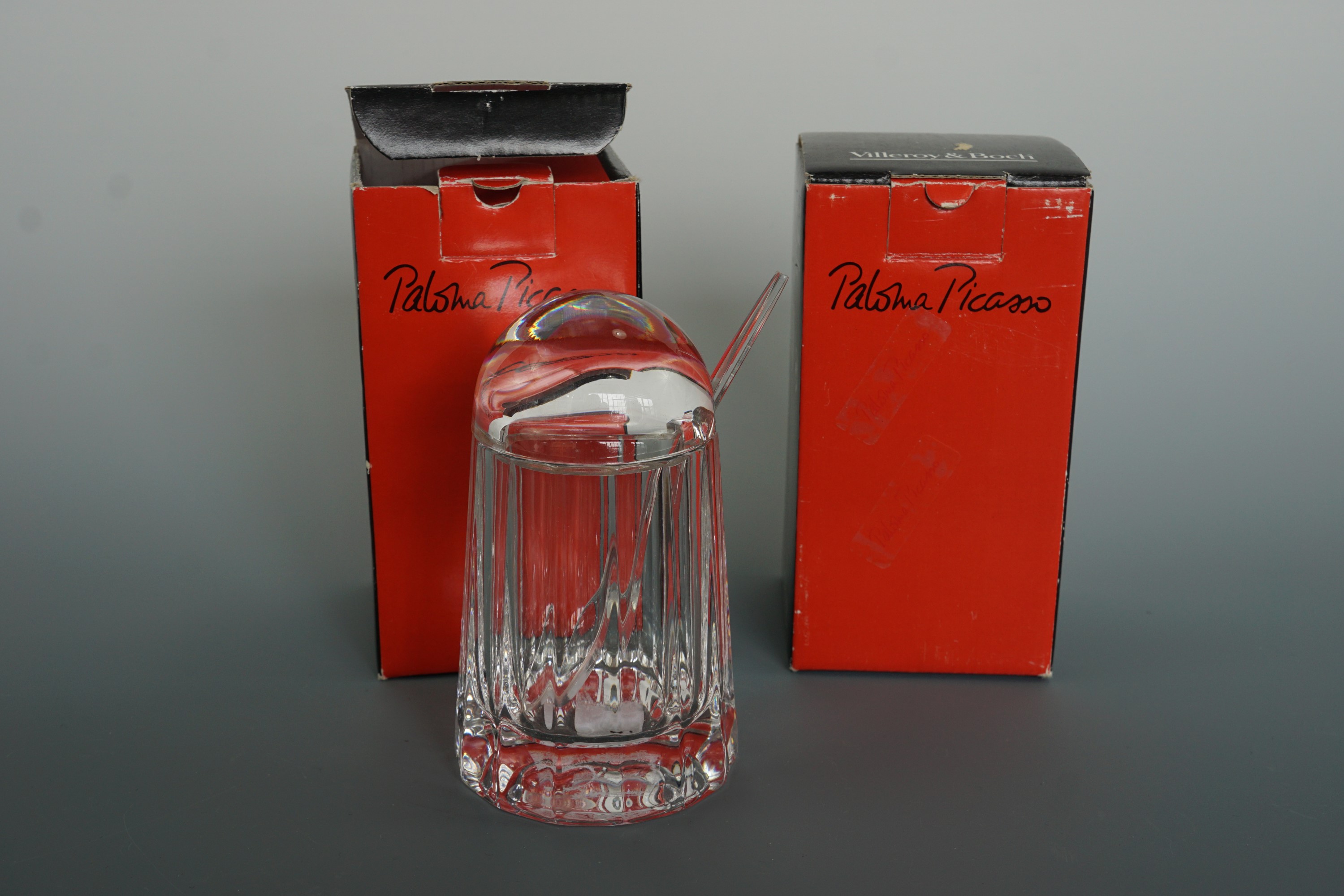 A pair of Villeroy and Boch Paloma Picasso designed glass preserve jars in original cartons