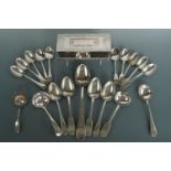 Sundry items of vintage electroplate cutlery including a basting spoon, together with an