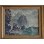 A Victorian painting depicting a sailing ship being wrecked upon rocks before a cliff-top castle,