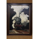 Olly Alcock (contemporary, Carlisle) A steam railway locomotive exiting a tunnel in clouds of