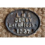 A cast iron railway shed / wagon plate LMS Derby Lot No 1021, 1937, 12 x 10 cm