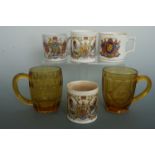 Four Royal commemorative mugs and two glass tankards