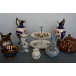 Sundry Victorian and later ceramics including a pair of flamboyant ewers (a/f), a Keeling's Losol