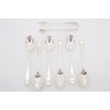 A set of six silver tea / coffee spoons with sugar tongs, JR, Sheffield, 1913, 97 g