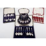 Three cased sets of electroplate teaspoons together with a cased set of electroplate teaspoons and