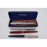 Three Parker fountain pens and a cased Sheaffer pen