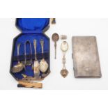 A silver spoon and one other, thimble, electroplate cigarette case and electroplate cutlery