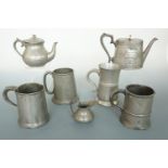 Four 19th Century and later pewter tankards etc