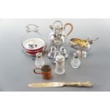 Items of electroplate including a cruet set, a silver topped jar, knife etc.