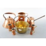 A copper kettle, brass jam pan, 21 cm diameter, four coffee measures, jug etc.