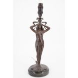 An Art Nouveau style bronzed spelter figural table lamp, (a/f), 42 cm to top of socket