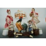 Kitsch ceramics including a cockerel, a pair of figurines etc.
