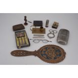 Sundry collectors' items including a 1916 Lord Kitchener celluloid matchbox holder, a pewter hip