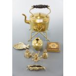 Brassware including a spirit kettle, nutcrackers etc.