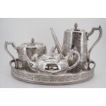 A Viners electroplate galleried tea tray, Victorian fern-decorated EPBM tea and coffee pots and