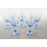 Eight blue wine glasses, 18 cm high