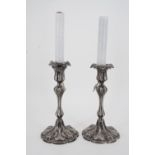 A pair of Victorian EPBM candlesticks converted to table lamps, 25 cm to tops of bobeches