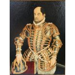 A portrait of a late 16th Century nobleman in armour, oil on board, in gilt frame, 20th Century,