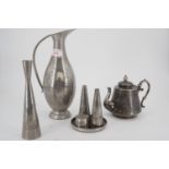 Selangor pewter cruet set, jug 28 cm high, a vase and electroplate teaset