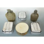 Post-War British army mess tins, water bottles and a grenade transit case