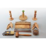 Treen including a Victorian matchbox holder, a pair of candlesticks etc.