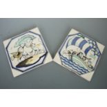 A pair of late 20th Century Fired Earth "The Owl and the Pussy Cat" tiles