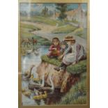 A late 19th Century lithograph depicting three young children feeding geese from a river bank, in