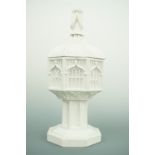 A Victorian Minton white stoneware model of the Gothic baptismal font at the Church of St Mary,