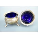 A pair of silver salt cellars, of cauldron form, with wavy everted rims and pad feet, Lee and