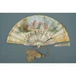 A late 19th Century mother of pearl folding hand fan, the swanskin leaf hand painted with an 18th
