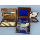 Three cased sets of antique / vintage electroplate cutlery comprising a Victorian mahogany canteen