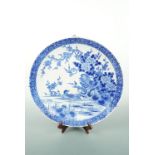 A late Meiji Japanese large blue-and-white porcelain dish decorated in depiction of ducks amongst