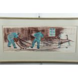 Anders A Jönsson (Sweden, 1907-2002) Lithographic study of three fishermen preparing a net, framed