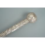 A Qing Chinese Tien Shing silver mounted walking cane, the handle being converted from a parasol,