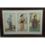 Three 1920s chromo-lithographic fashion prints depicting ladies of high fashion, in card mount and