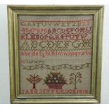 A Regency needlework alphabet sampler, being the work of Jane Jefferson in 1818, framed under glass,