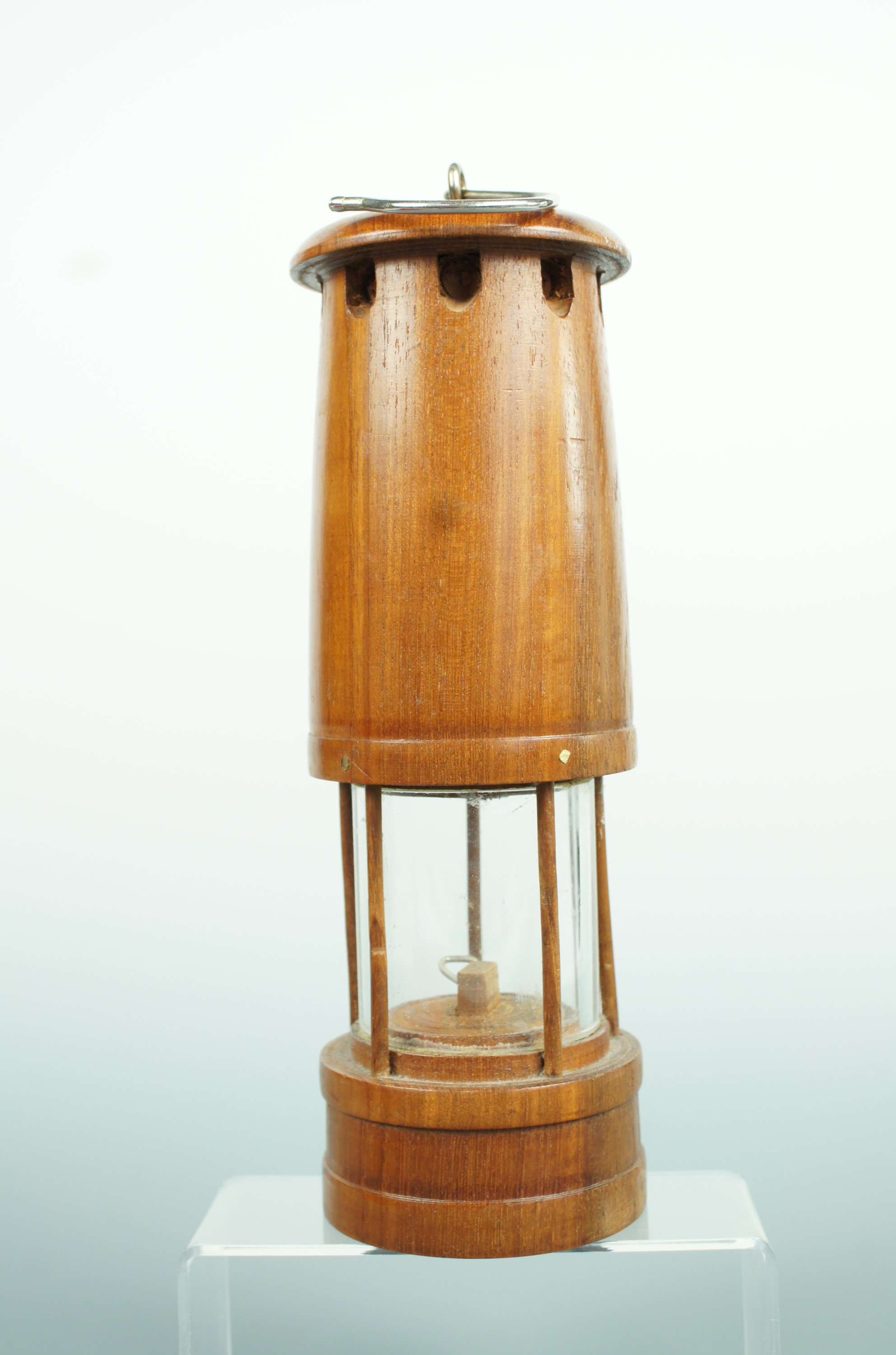 A model miner's safety lamp turned from Malabar teak salvaged from HMS Trincomalee, 24 cm