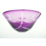 A contemporary Julia Linstead art glass dragonfly pattern amethyst glass bowl, 16 cm